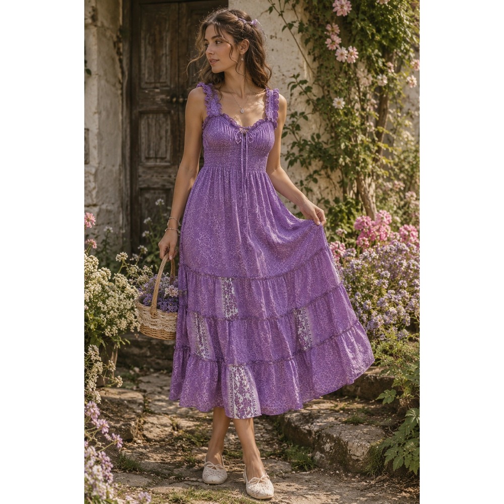 Dharma Imports Purple Boho Coquette Prairie Midi‎ Dress Smocked Fairycore S/M
